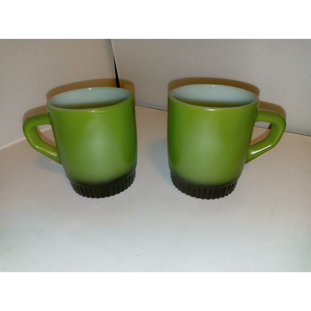 Anchor Hocking Avocado Green Stackable Fire King Mugs Black Ombre